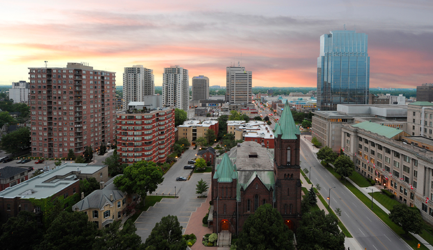 Skyline view of Wellington Rd. in downtown London, Ontario Canada during sunrise